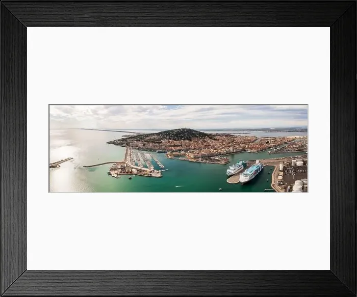 Framed Print : Aerial panorama of the port of Sete at sunset in Herault in Occitanie, France Framed Print : Aerial panorama of the port of Sete at sunset in Herault in Occitanie, France