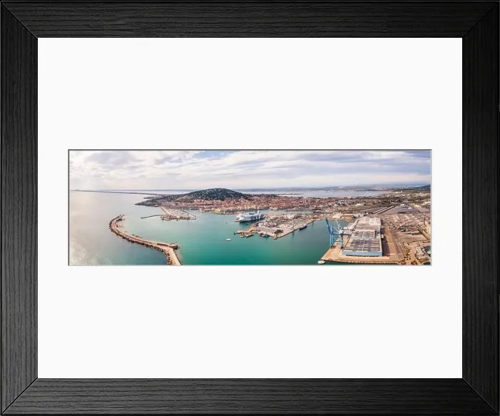 Framed Print : Aerial panorama of the port of Sete at sunset in Herault in Occitanie, France Framed Print : Aerial panorama of the port of Sete at sunset in Herault in Occitanie, France