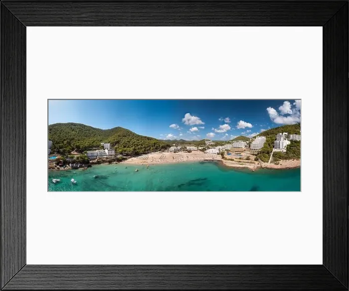Framed Print : Large format wide angle panoramic aerial photo of the Spanish island of Ibiza showing the beautiful beach front Framed Print : Large format wide angle panoramic aerial photo of the Spanish island of Ibiza showing the beautiful beach front
