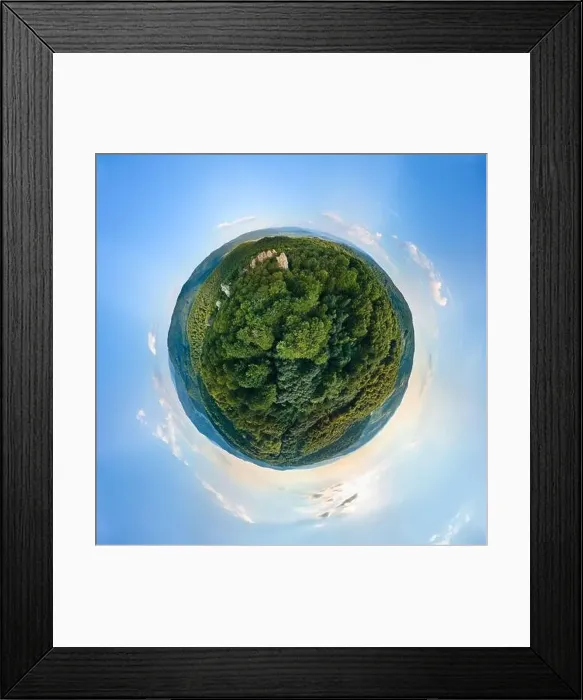 Framed Print : Little planet globe with dark mountain hills covered with green mixed pine Framed Print : Little planet globe with dark mountain hills covered with green mixed pine