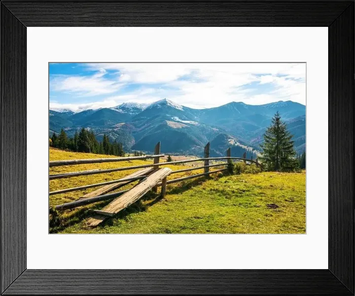Framed Print : Bewitching beautiful summer landscape of a green meadow on a hill overlooking a dense coniferous forest Framed Print : Bewitching beautiful summer landscape of a green meadow on a hill overlooking a dense coniferous forest