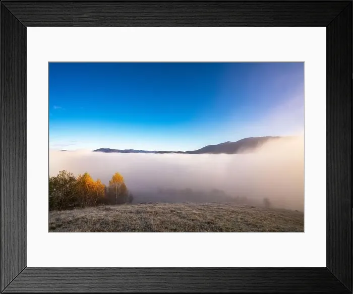 Framed Print : Grey mist covered with the colorful trees on mountain hils Framed Print : Grey mist covered with the colorful trees on mountain hils