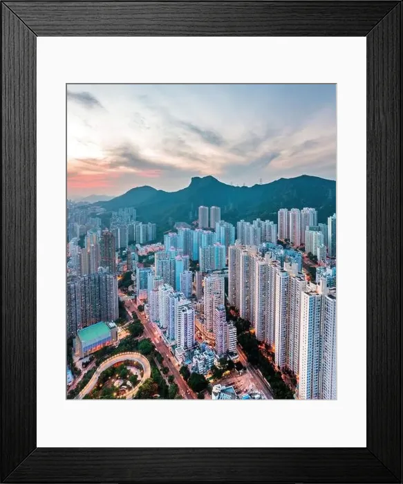 Framed Print : aerial view cityscape of Hong Kong, near the iconic Lion Rock Mountain, panorama Framed Print : aerial view cityscape of Hong Kong, near the iconic Lion Rock Mountain, panorama