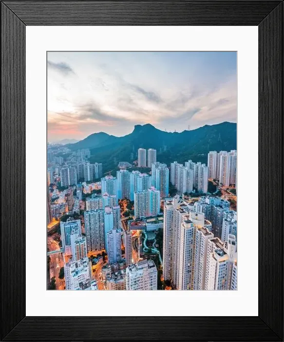Framed Print : aerial view cityscape of Hong Kong, near the iconic Lion Rock Mountain, panorama Framed Print : aerial view cityscape of Hong Kong, near the iconic Lion Rock Mountain, panorama
