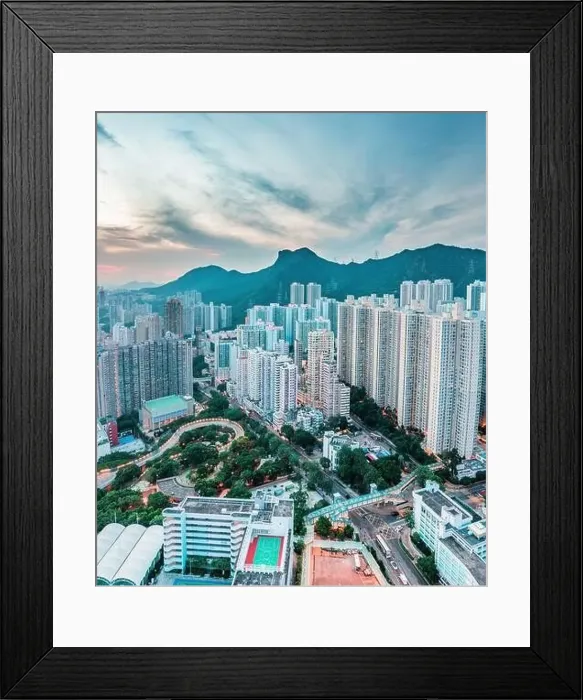 Framed Print : aerial view cityscape of Hong Kong, near the iconic Lion Rock Mountain, panorama Framed Print : aerial view cityscape of Hong Kong, near the iconic Lion Rock Mountain, panorama