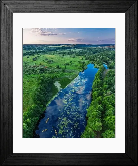 Framed Print : Canoes on the calm river. Top view. Beautiful picture of river and green banks of the river in the summer morning day Framed Print : Canoes on the calm river. Top view. Beautiful picture of river and green banks of the river in the summer morning day