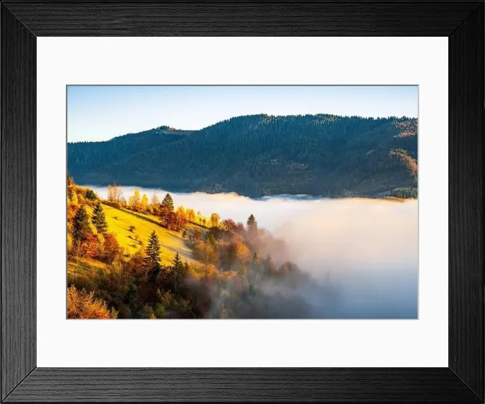 Framed Print : Sunrise over mountain hils covered with gray mist Framed Print : Sunrise over mountain hils covered with gray mist
