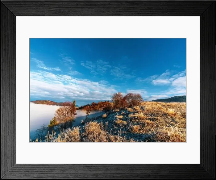 Framed Print : Grey mist covered with the colorful trees on mountain hils Framed Print : Grey mist covered with the colorful trees on mountain hils