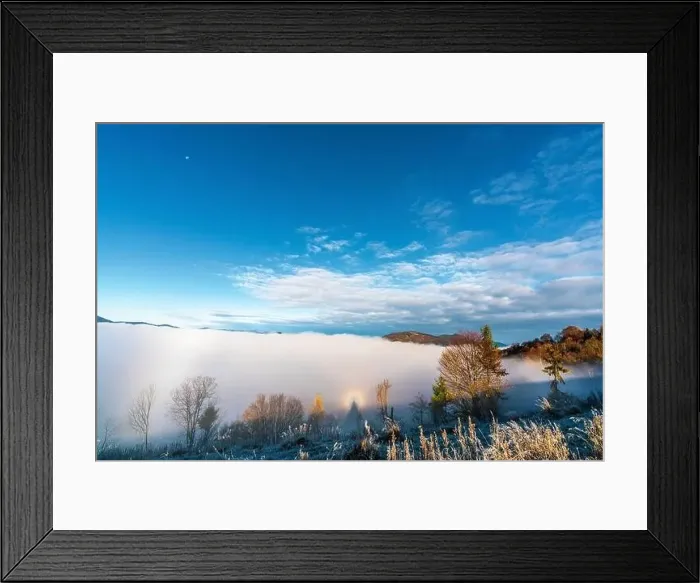 Framed Print : Sunrise over mountain hils covered with gray mist Framed Print : Sunrise over mountain hils covered with gray mist