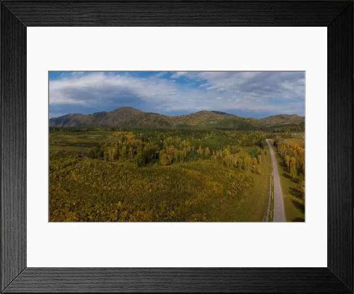 Framed Print : Aerial view of road in beautiful autumn Altai forest Framed Print : Aerial view of road in beautiful autumn Altai forest
