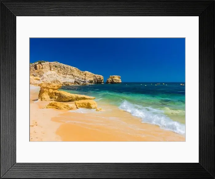 Framed Print : Aerial panoramic view of amazing Praia dos Paradinha beach, Albufeira, Algarve, Portugal