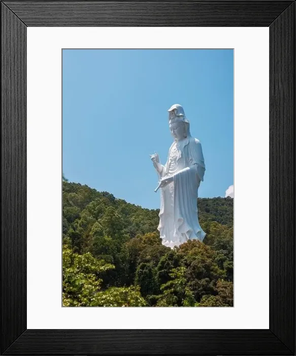 Framed Print : Giant Guanyin, Goddess Statue in countryside landscape of Tai Po, Hong Kong, daytime, clear day Framed Print : Giant Guanyin, Goddess Statue in countryside landscape of Tai Po, Hong Kong, daytime, clear day