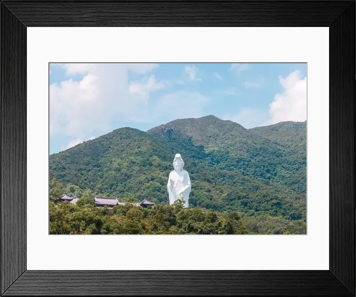 Framed Print : Giant Guanyin, Goddess Statue in countryside landscape of Tai Po, Hong Kong, daytime, clear day Framed Print : Giant Guanyin, Goddess Statue in countryside landscape of Tai Po, Hong Kong, daytime, clear day