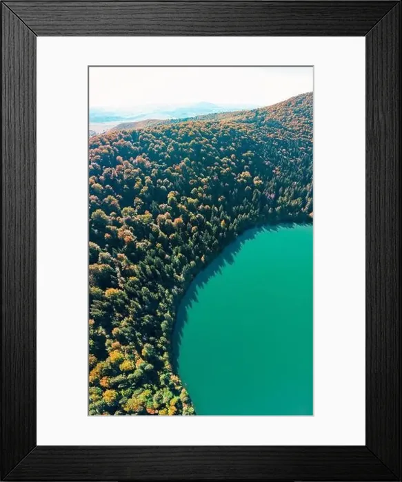 Framed Print : Aerial top down vertical drone panorama view of the fall season over Saint Anne (Sfanta Ana) volcanic lake Framed Print : Aerial top down vertical drone panorama view of the fall season over Saint Anne (Sfanta Ana) volcanic lake