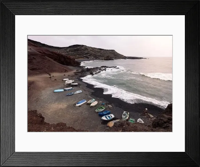 Framed Print : Drone view of boats on Ciclos Beach against foamy ocean Framed Print : Drone view of boats on Ciclos Beach against foamy ocean