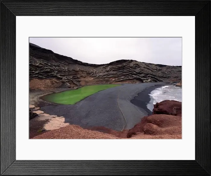 Framed Print : Aerial view of Charco Verde against foamy ocean on highland in Golfo Yaiza Lanzarote Canary Islands Spain Framed Print : Aerial view of Charco Verde against foamy ocean on highland in Golfo Yaiza Lanzarote Canary Islands Spain