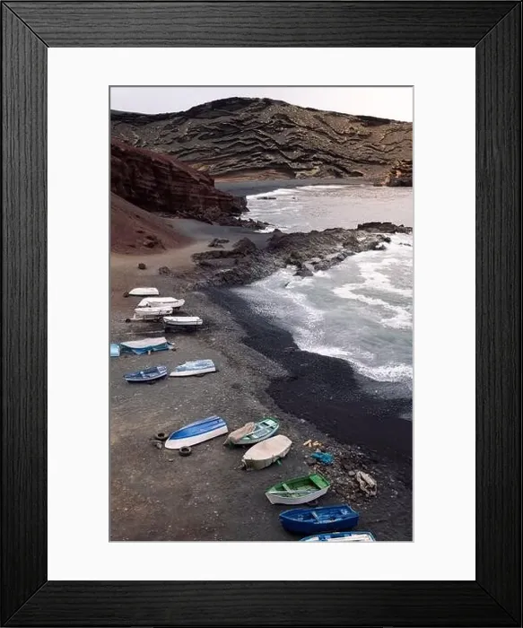 Framed Print : Drone view of boats on Ciclos Beach against foamy ocean Framed Print : Drone view of boats on Ciclos Beach against foamy ocean