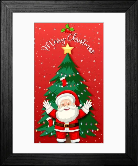 Framed Print : Cute Santa Claus cartoon character with christmas tree on red background Framed Print : Cute Santa Claus cartoon character with christmas tree on red background