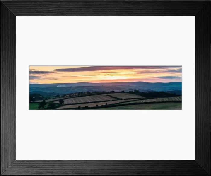 Framed Print : Panorama of Sunset over the fields from drone, Devon, England, Europe Framed Print : Panorama of Sunset over the fields from drone, Devon, England, Europe