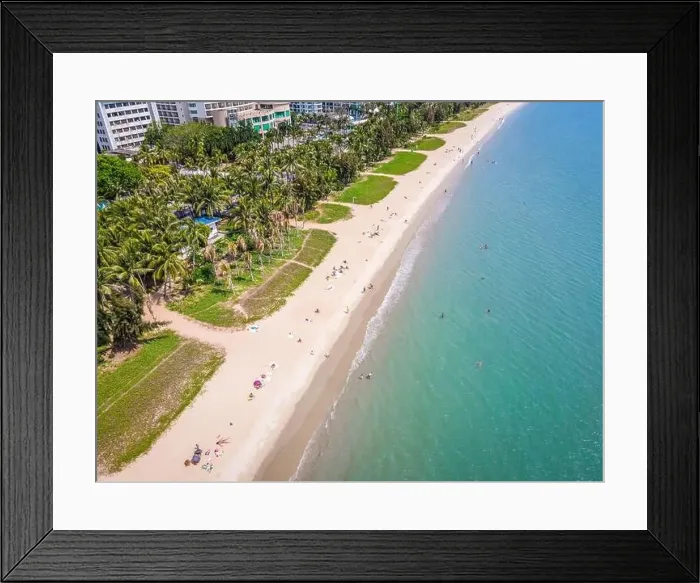 Framed Print : Aerial drone shot of Sanya bay beach with tourists in Sanya city Hainan island China Framed Print : Aerial drone shot of Sanya bay beach with tourists in Sanya city Hainan island China