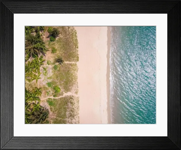 Framed Print : Aerial top down drone shot of empty Sanya bay beach with white sand and water on Hainan tropical island China Framed Print : Aerial top down drone shot of empty Sanya bay beach with white sand and water on Hainan tropical island China