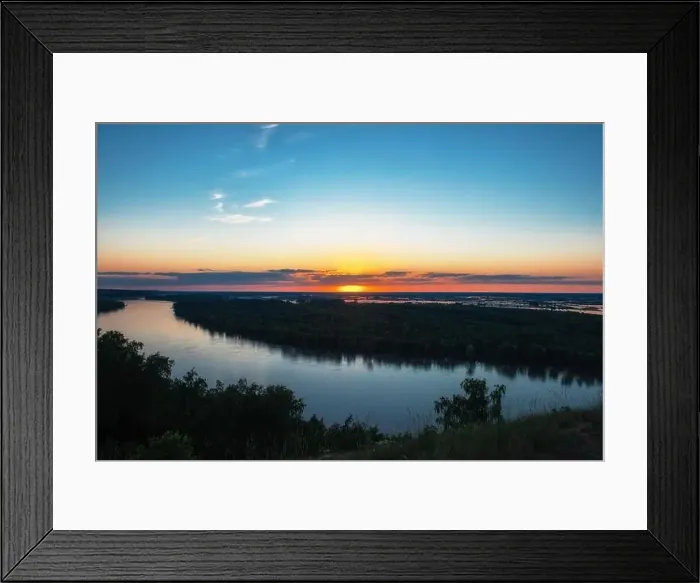 Framed Print : Aerial drone view of river landscape in sunny summer sunset