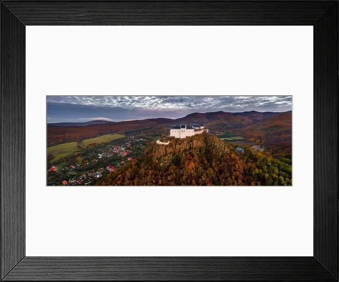 Framed Print : Fuzer, Hungary - Aerial panoramic view of the beautiful Castle of Fuzer with amazing colorful sunrise sky Framed Print : Fuzer, Hungary - Aerial panoramic view of the beautiful Castle of Fuzer with amazing colorful sunrise sky
