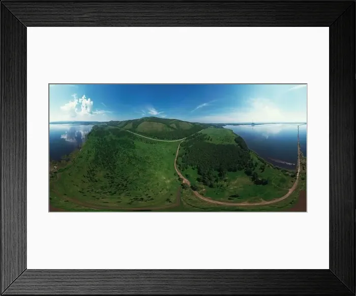 Framed Print : Aerial drone 360 panorama view of lake landscape with road in sunny summer Framed Print : Aerial drone 360 panorama view of lake landscape with road in sunny summer