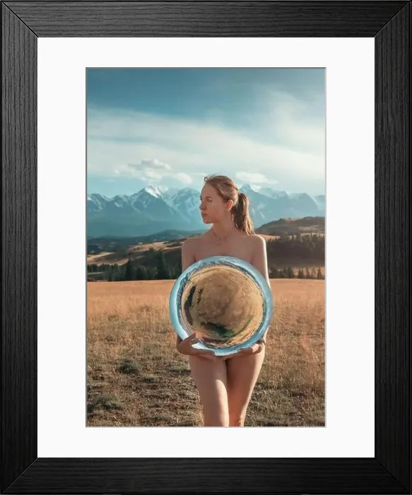 Framed Print : Woman standing in in summer Altai mountains in Kurai steppe and holding circle mirror Framed Print : Woman standing in in summer Altai mountains in Kurai steppe and holding circle mirror