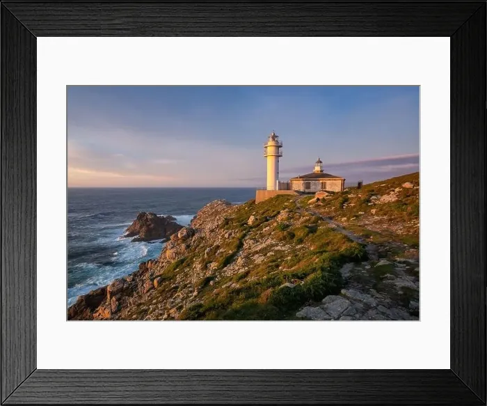 Framed Print : Sea landscape view of Cape Tourinan Lighthouse at sunset with pink clouds, in Spain Framed Print : Sea landscape view of Cape Tourinan Lighthouse at sunset with pink clouds, in Spain
