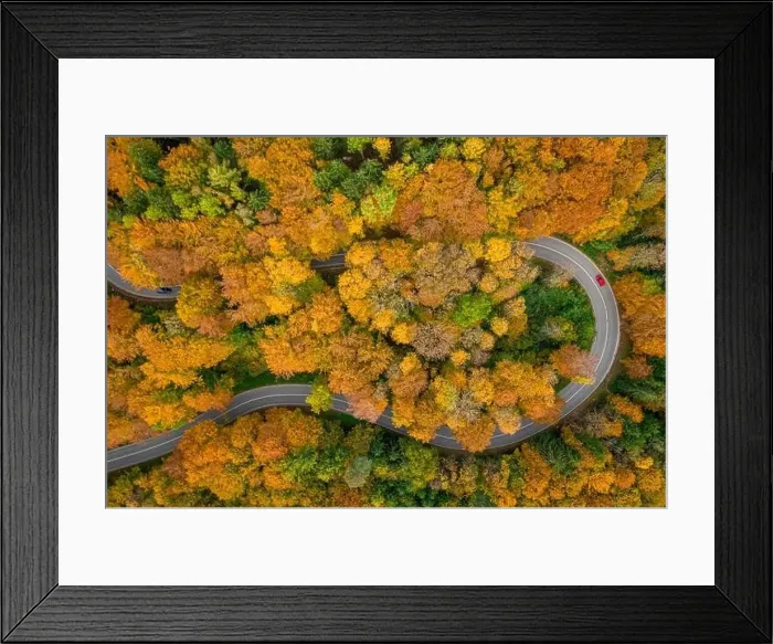 Framed Print : Having a trip in the autumn season, driving by car through the wonderful foliage. Top down shot by a drone Framed Print : Having a trip in the autumn season, driving by car through the wonderful foliage. Top down shot by a drone
