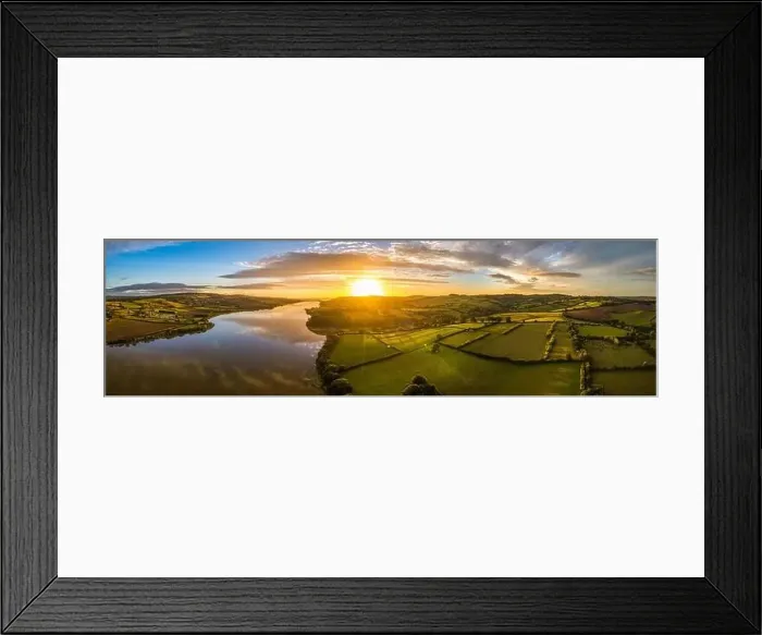 Framed Print : Panorama of Sunrise over Fields and River Teign from a drone, Newton Abbot, Devon, England, Europe