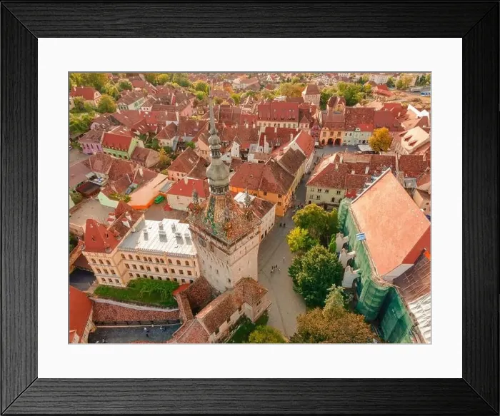 Framed Print : Aerial photography of medieval city of Sighisoara from Romania Framed Print : Aerial photography of medieval city of Sighisoara from Romania
