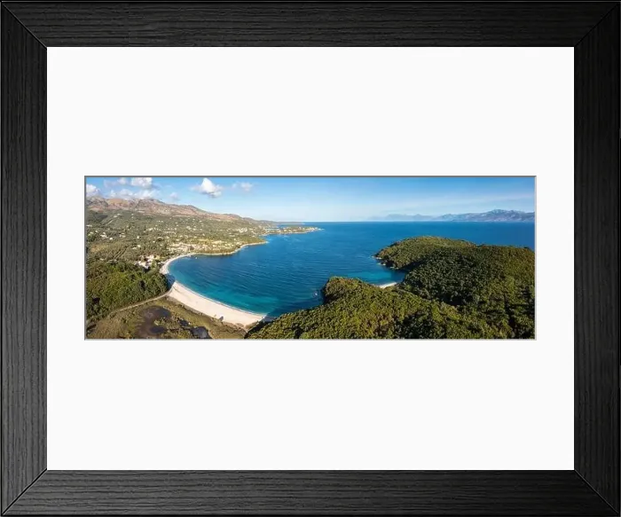 Framed Print : Aerial panoramic landscape view of Avlaki Beach on the north coast of Corfu, Ionian Islands, Greece Framed Print : Aerial panoramic landscape view of Avlaki Beach on the north coast of Corfu, Ionian Islands, Greece