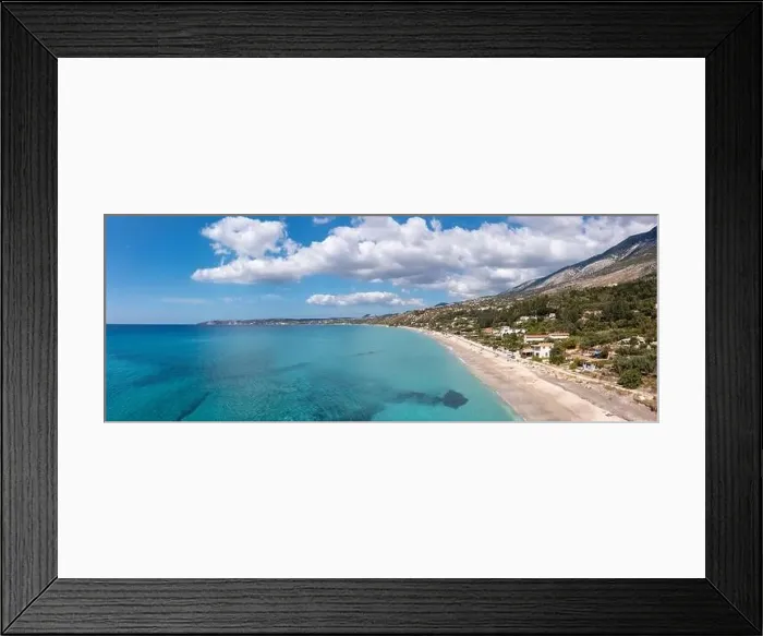 Framed Print : Aerial panoramic landscape view of Lourdas Beach on the south coast of Kefalonia, Ionian Islands, Greece Framed Print : Aerial panoramic landscape view of Lourdas Beach on the south coast of Kefalonia, Ionian Islands, Greece