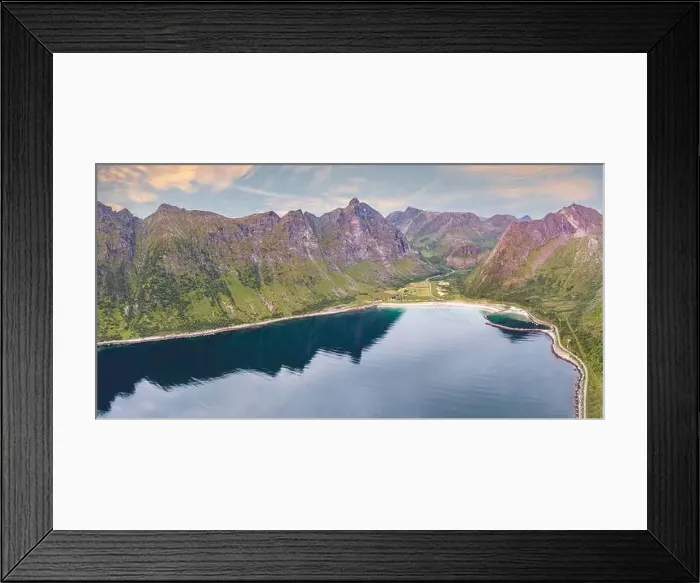 Framed Print : Majestic mountains surrounding Ersfjord beach reflected in the sea at sunset, Senja, Troms county, Norway Framed Print : Majestic mountains surrounding Ersfjord beach reflected in the sea at sunset, Senja, Troms county, Norway
