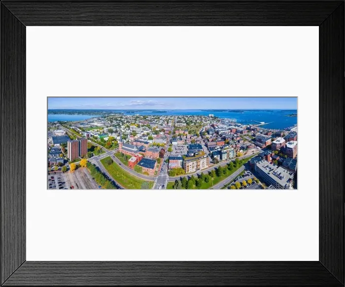 Framed Print : Panoramic aerial view of Munjoy Hill historic district on Congress Street and Portland Harbor from downtown Portland Framed Print : Panoramic aerial view of Munjoy Hill historic district on Congress Street and Portland Harbor from downtown Portland