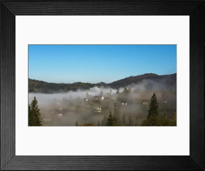 Framed Print : Morning fog above houses on mountains in Ukraine Framed Print : Morning fog above houses on mountains in Ukraine
