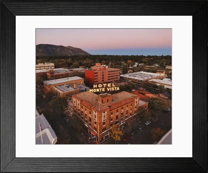Framed Print : Hotel Monte Vista in historic downtown Flagstaff, drone shot Framed Print : Hotel Monte Vista in historic downtown Flagstaff, drone shot