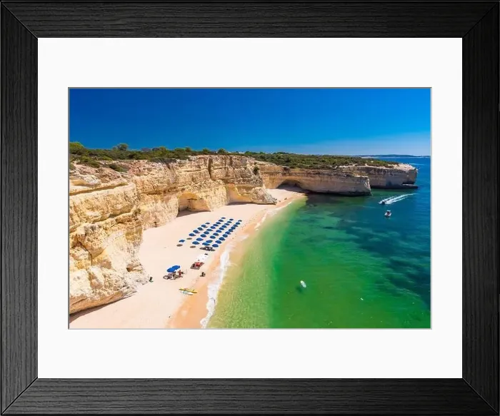 Framed Print : Aerial drone views of Praia da Marinha and Malhada do Baraco - beaches in Algarve, Portugal