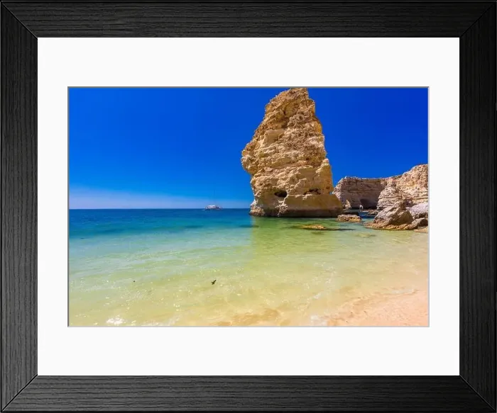 Framed Print : Aerial drone views of Praia da Marinha and Malhada do Baraco - beaches in Algarve, Portugal