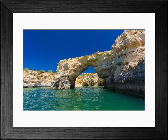 Framed Print : Aerial drone view of the Albandeira Beach (Praia da Albandeira) in Lagoa, Algarve, Portugal