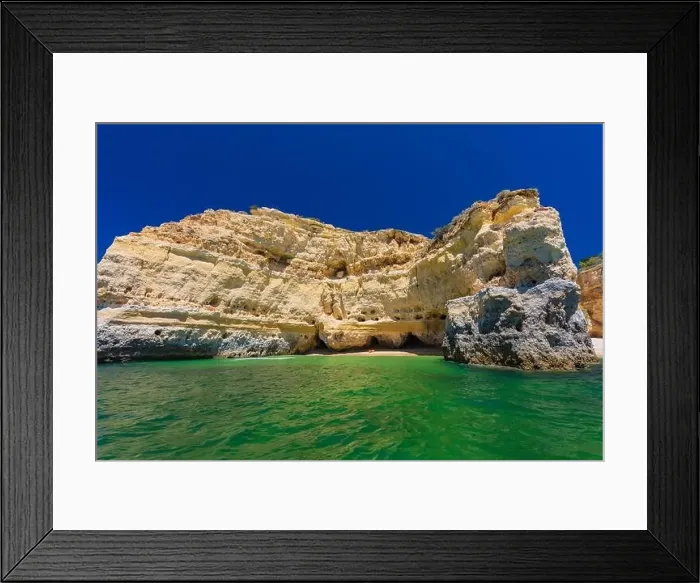 Framed Print : Aerial drone views of Praia da Marinha and Malhada do Baraco - beaches in Algarve, Portugal