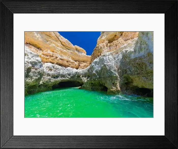 Framed Print : Aerial drone view of the Albandeira Beach (Praia da Albandeira) in Lagoa, Algarve, Portugal
