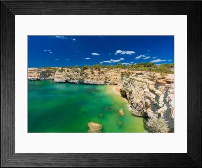 Framed Print : Aerial drone view of the Albandeira Beach (Praia da Albandeira) in Lagoa, Algarve, Portugal