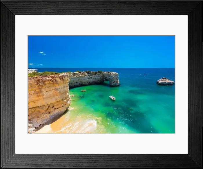 Framed Print : Aerial drone view of the Albandeira Beach (Praia da Albandeira) in Lagoa, Algarve, Portugal