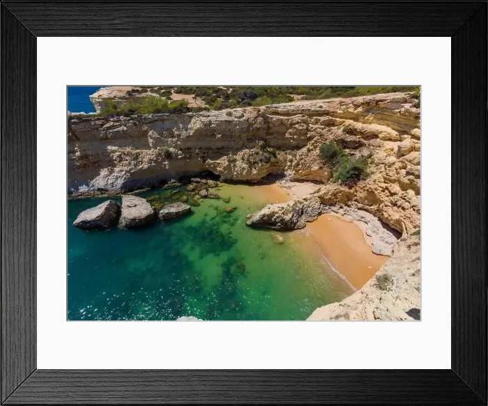 Framed Print : Aerial drone view of the Albandeira Beach (Praia da Albandeira) in Lagoa, Algarve, Portugal