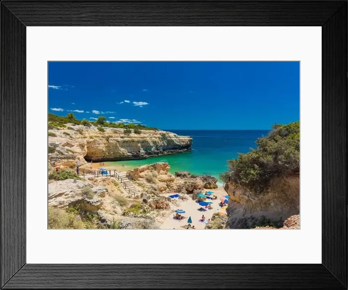 Framed Print : Aerial drone view of the Albandeira Beach (Praia da Albandeira) in Lagoa, Algarve, Portugal
