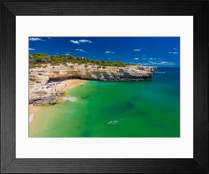 Framed Print : Aerial drone view of the Albandeira Beach (Praia da Albandeira) in Lagoa, Algarve, Portugal
