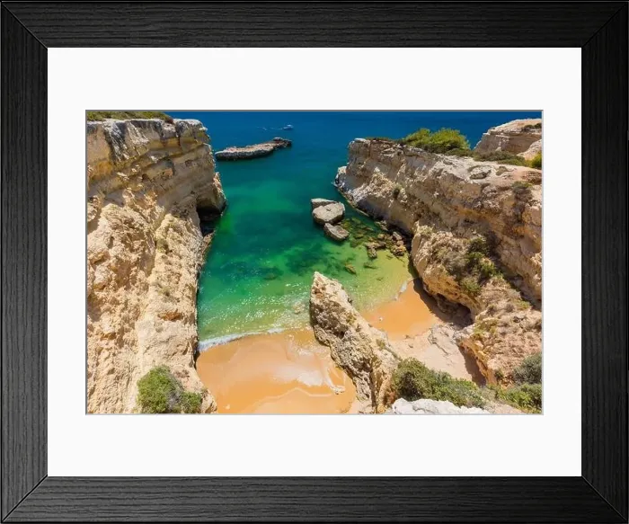 Framed Print : Aerial drone view of the Albandeira Beach (Praia da Albandeira) in Lagoa, Algarve, Portugal